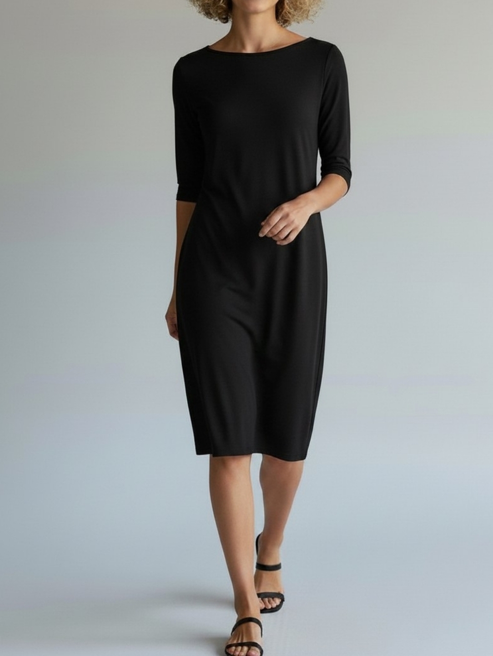 Eileen Fisher Black Midi Viscose Knit Dress PP